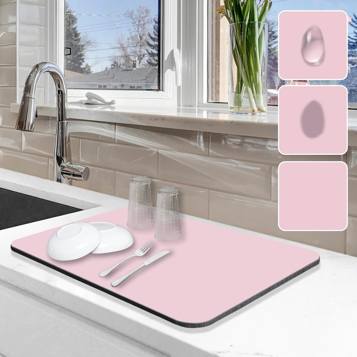 Dish Drying Mat for Kitchen Counter, 12"x19" Pad with Rubber Backed (Pink)