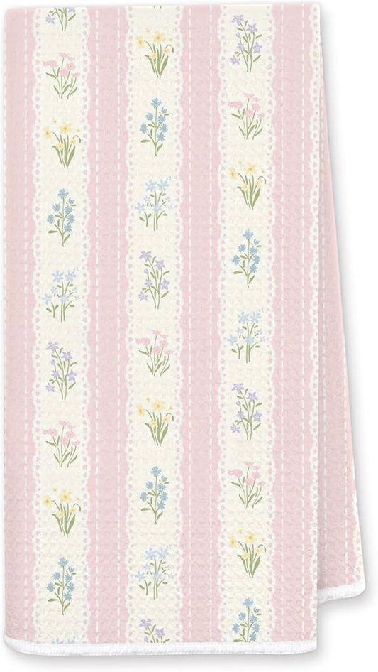 Pink Floral Kitchen Towel 16x24 Inches, Vintage Cottage Striped Dish Towel, Soft Absorbent Tea Towel for Spring Farmhouse Home Décor