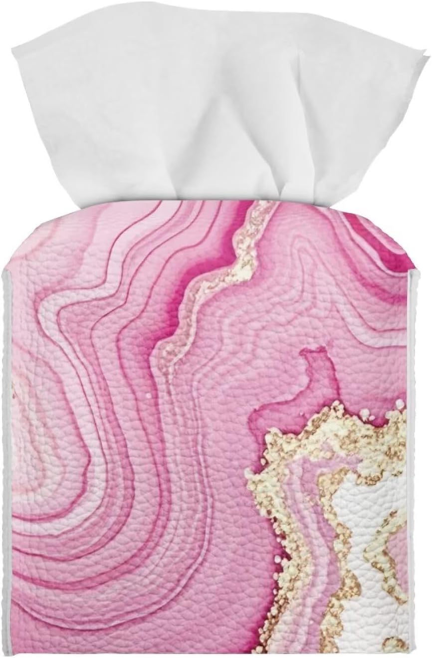 Pink Marble Tissue Box Cover Leather PU Modern Square Tissue Box Holder for Bathroom Bedroom, Square Cube Tissue Box Covers Modern Decorative for Bathroom Night Stand