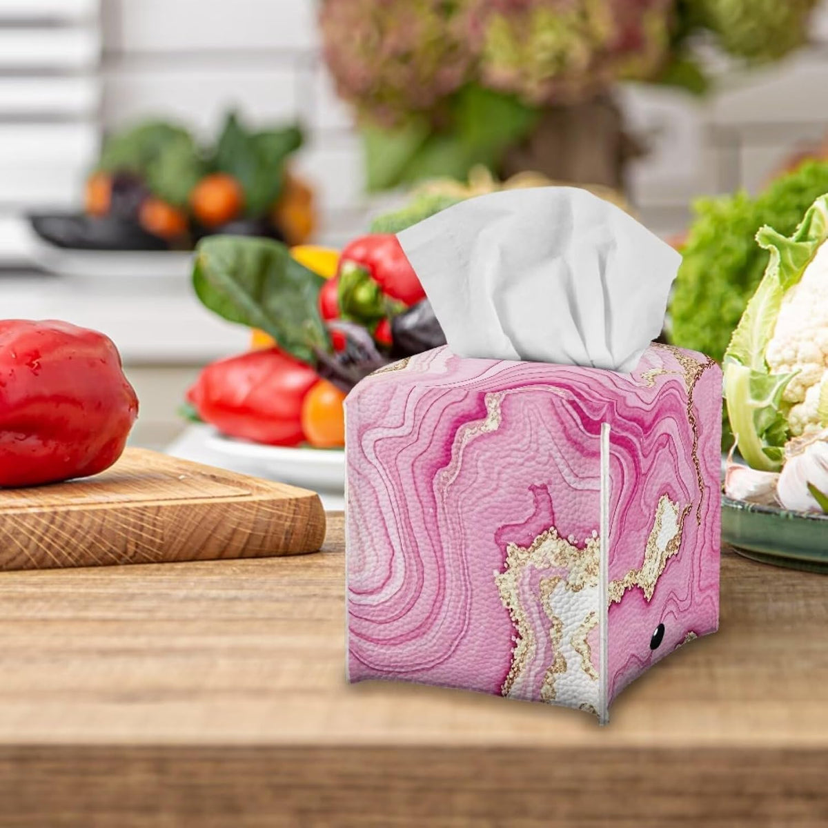 Pink Marble Tissue Box Cover Leather PU Modern Square Tissue Box Holder for Bathroom Bedroom, Square Cube Tissue Box Covers Modern Decorative for Bathroom Night Stand