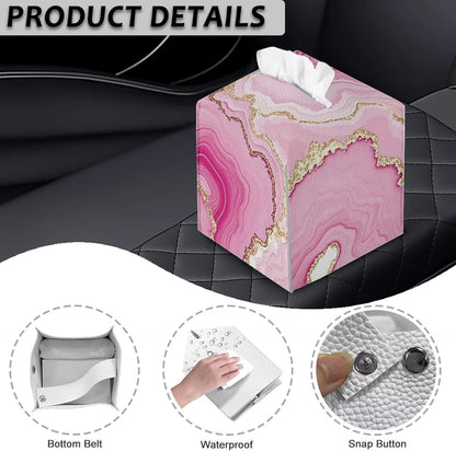 Pink Marble Tissue Box Cover Leather PU Modern Square Tissue Box Holder for Bathroom Bedroom, Square Cube Tissue Box Covers Modern Decorative for Bathroom Night Stand