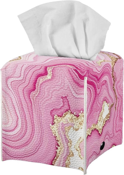 Pink Marble Tissue Box Cover Leather PU Modern Square Tissue Box Holder for Bathroom Bedroom, Square Cube Tissue Box Covers Modern Decorative for Bathroom Night Stand