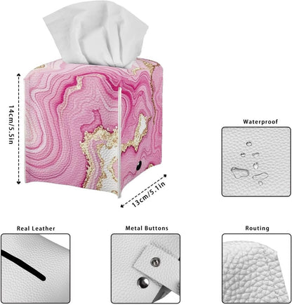 Pink Marble Tissue Box Cover Leather PU Modern Square Tissue Box Holder for Bathroom Bedroom, Square Cube Tissue Box Covers Modern Decorative for Bathroom Night Stand