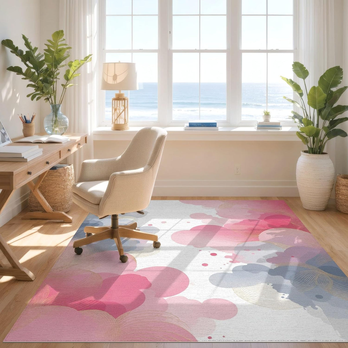 6'x9' Smooth Finish Abstract Abstract Foldable Mat, Blush Pink for Dining Room, Under Table, Office, Snag-Free Chair-Friendly Large Carpet | 2137567