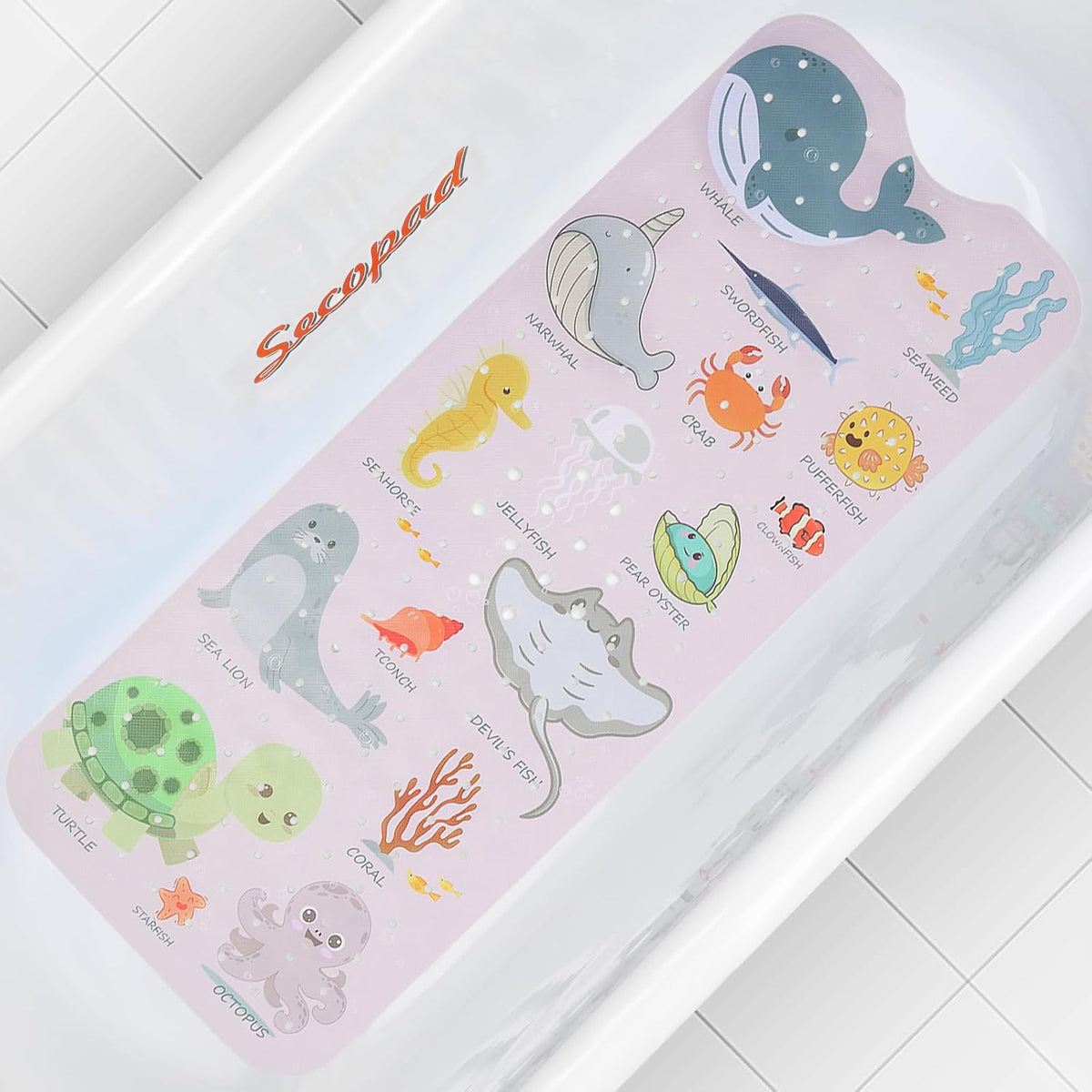 Bathtub Mat Non Slip, Cute Tub Mat, 40" x 16", Pink Sea Animals