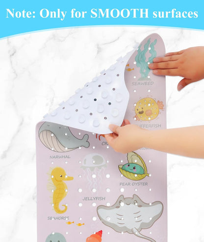 Bathtub Mat Non Slip, Cute Tub Mat, 40" x 16", Pink Sea Animals