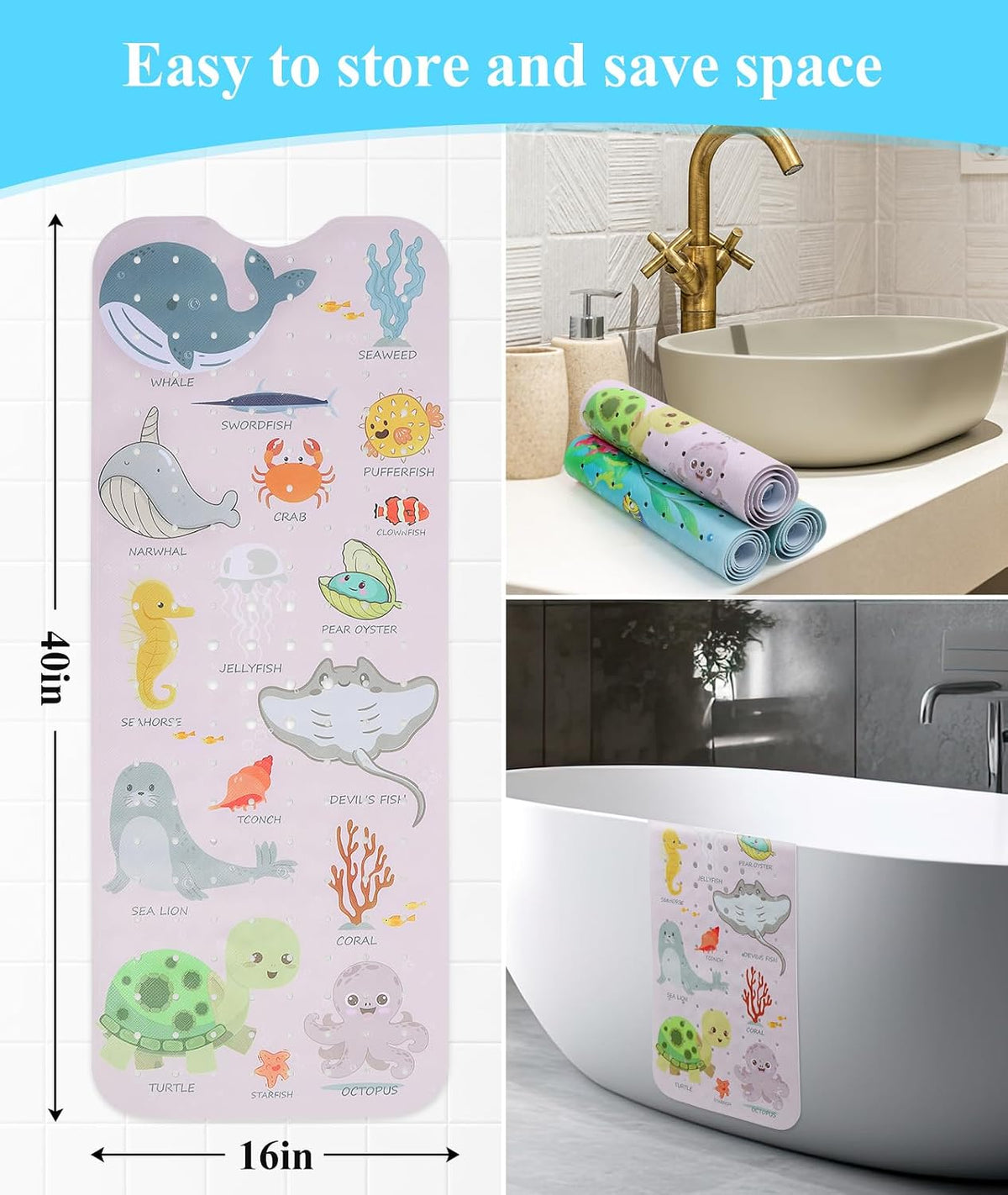 Bathtub Mat Non Slip, Cute Tub Mat, 40" x 16", Pink Sea Animals
