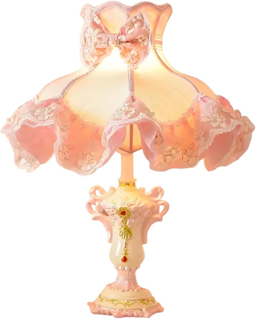Victorian Style Table Lamp Pink Princess Desk Lamps Handmade Fringe Lace Fabric Shade Traditional Resin Flower Carved Base for Girl's Room Bedroom Office Living Room Reading, D13.7'' X H18.9