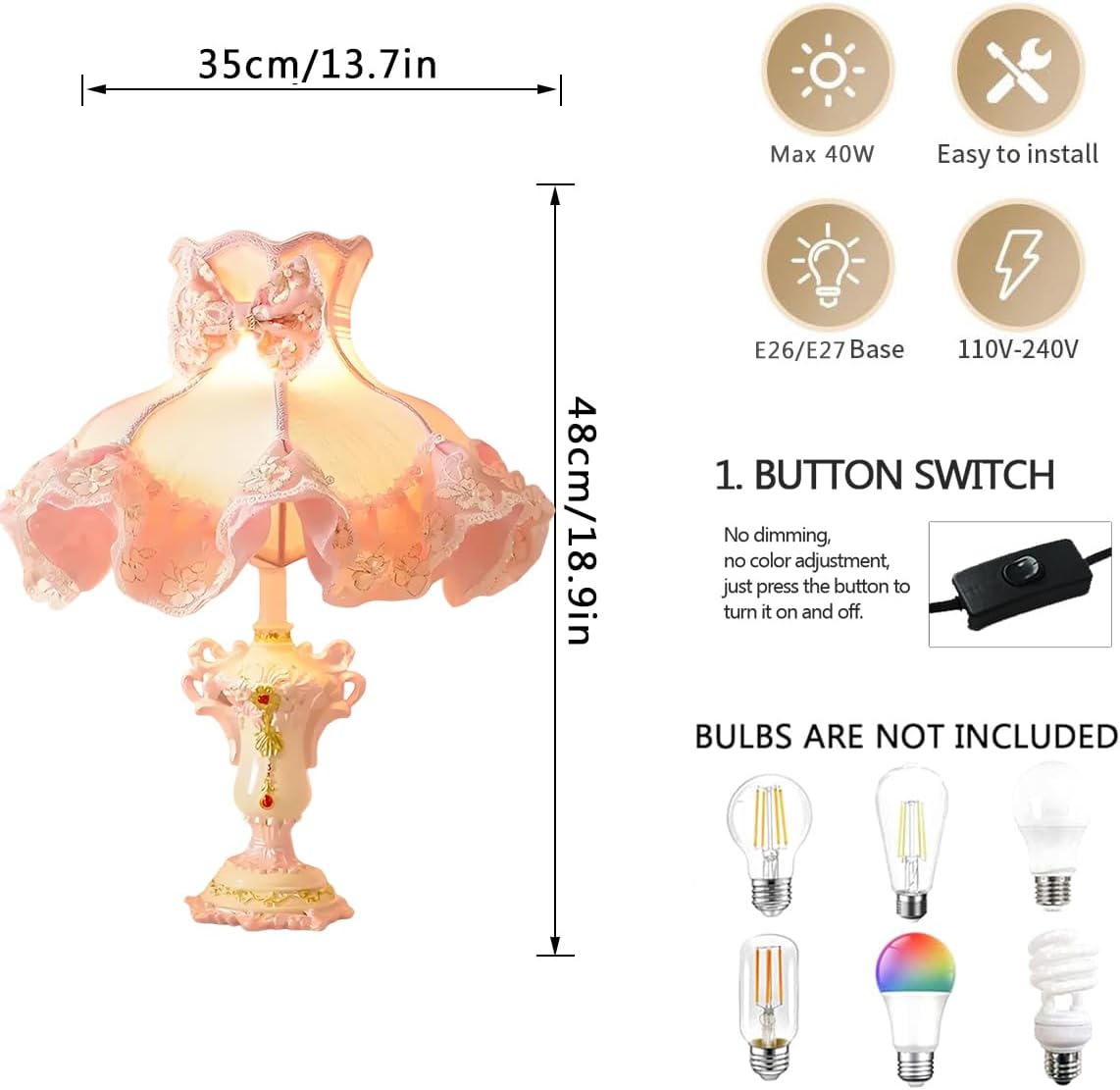 Victorian Style Table Lamp Pink Princess Desk Lamps Handmade Fringe Lace Fabric Shade Traditional Resin Flower Carved Base for Girl's Room Bedroom Office Living Room Reading, D13.7'' X H18.9