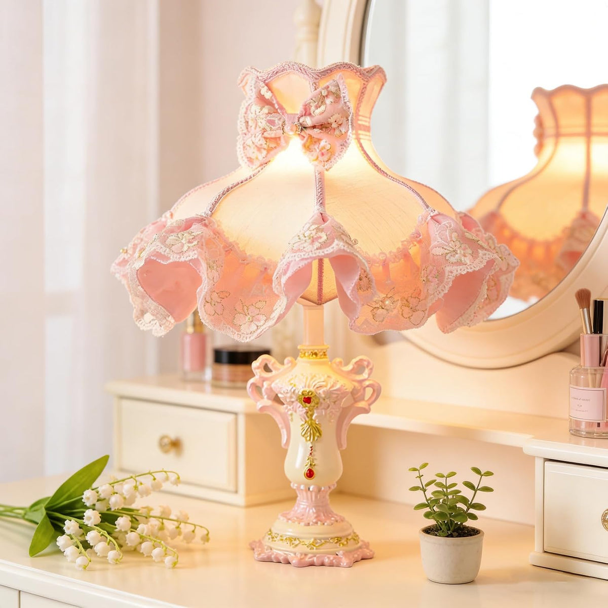 Victorian Style Table Lamp Pink Princess Desk Lamps Handmade Fringe Lace Fabric Shade Traditional Resin Flower Carved Base for Girl's Room Bedroom Office Living Room Reading, D13.7'' X H18.9