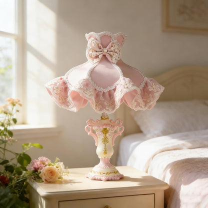 Victorian Style Table Lamp Pink Princess Desk Lamps Handmade Fringe Lace Fabric Shade Traditional Resin Flower Carved Base for Girl's Room Bedroom Office Living Room Reading, D13.7'' X H18.9