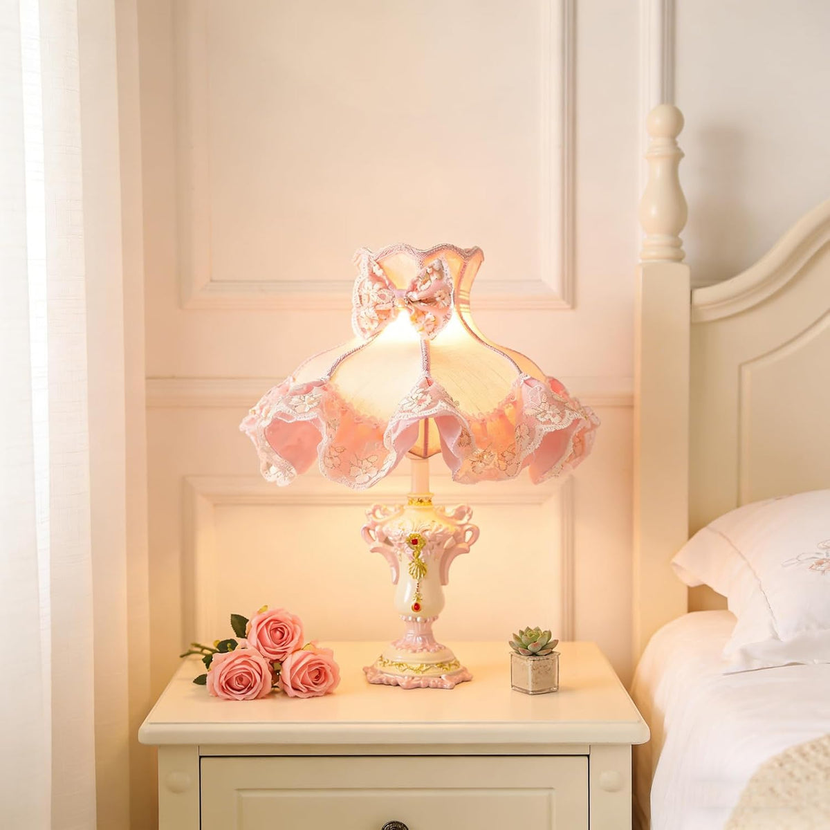 Victorian Style Table Lamp Pink Princess Desk Lamps Handmade Fringe Lace Fabric Shade Traditional Resin Flower Carved Base for Girl's Room Bedroom Office Living Room Reading, D13.7'' X H18.9