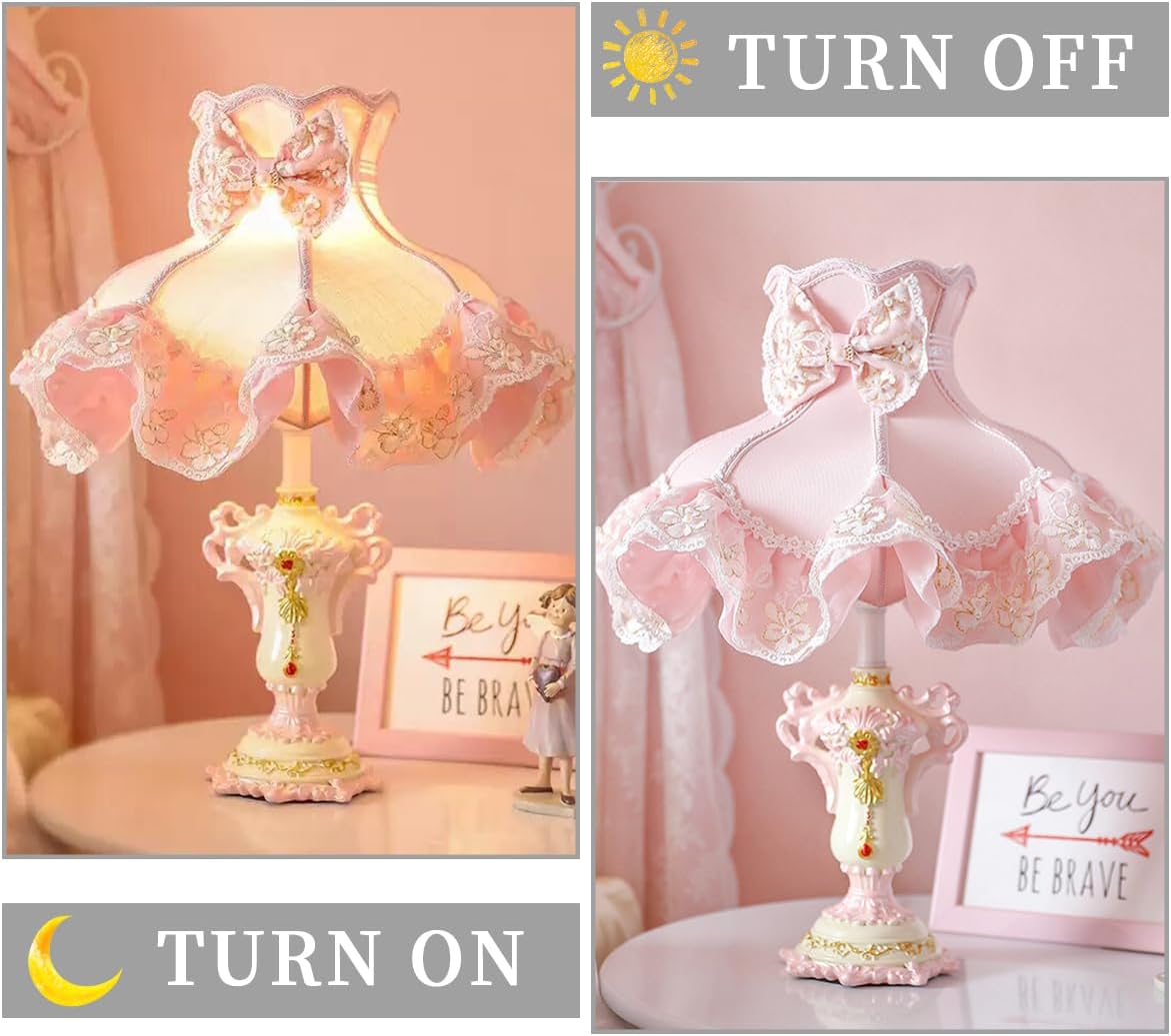 Victorian Style Table Lamp Pink Princess Desk Lamps Handmade Fringe Lace Fabric Shade Traditional Resin Flower Carved Base for Girl's Room Bedroom Office Living Room Reading, D13.7'' X H18.9