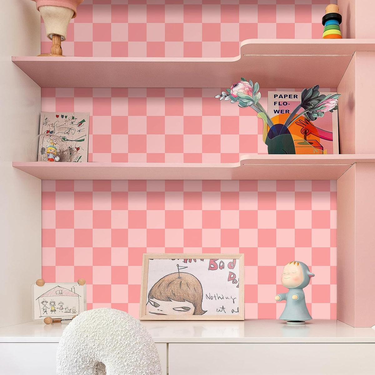 17.5"X118" Pink Checkered Wallpaper Peel and Stick Pink Checkered Pattern Wallpaper Vinyl Wrap for Cabinets Countertop Contact Paper Waterproof Wallpaper for Bathroom Decoration Contact Paper