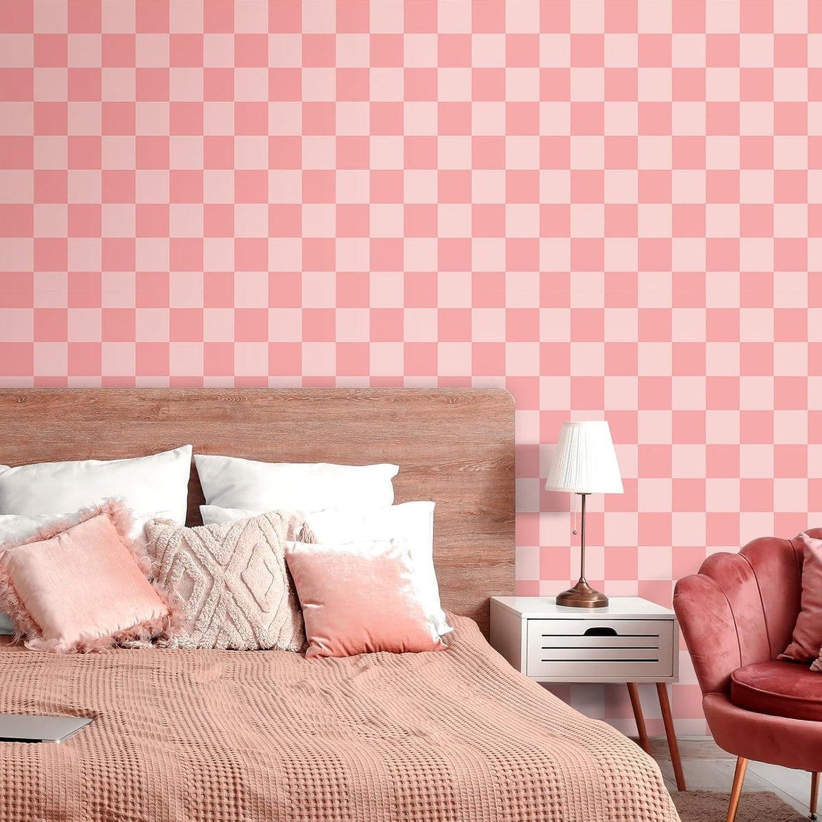 17.5"X118" Pink Checkered Wallpaper Peel and Stick Pink Checkered Pattern Wallpaper Vinyl Wrap for Cabinets Countertop Contact Paper Waterproof Wallpaper for Bathroom Decoration Contact Paper
