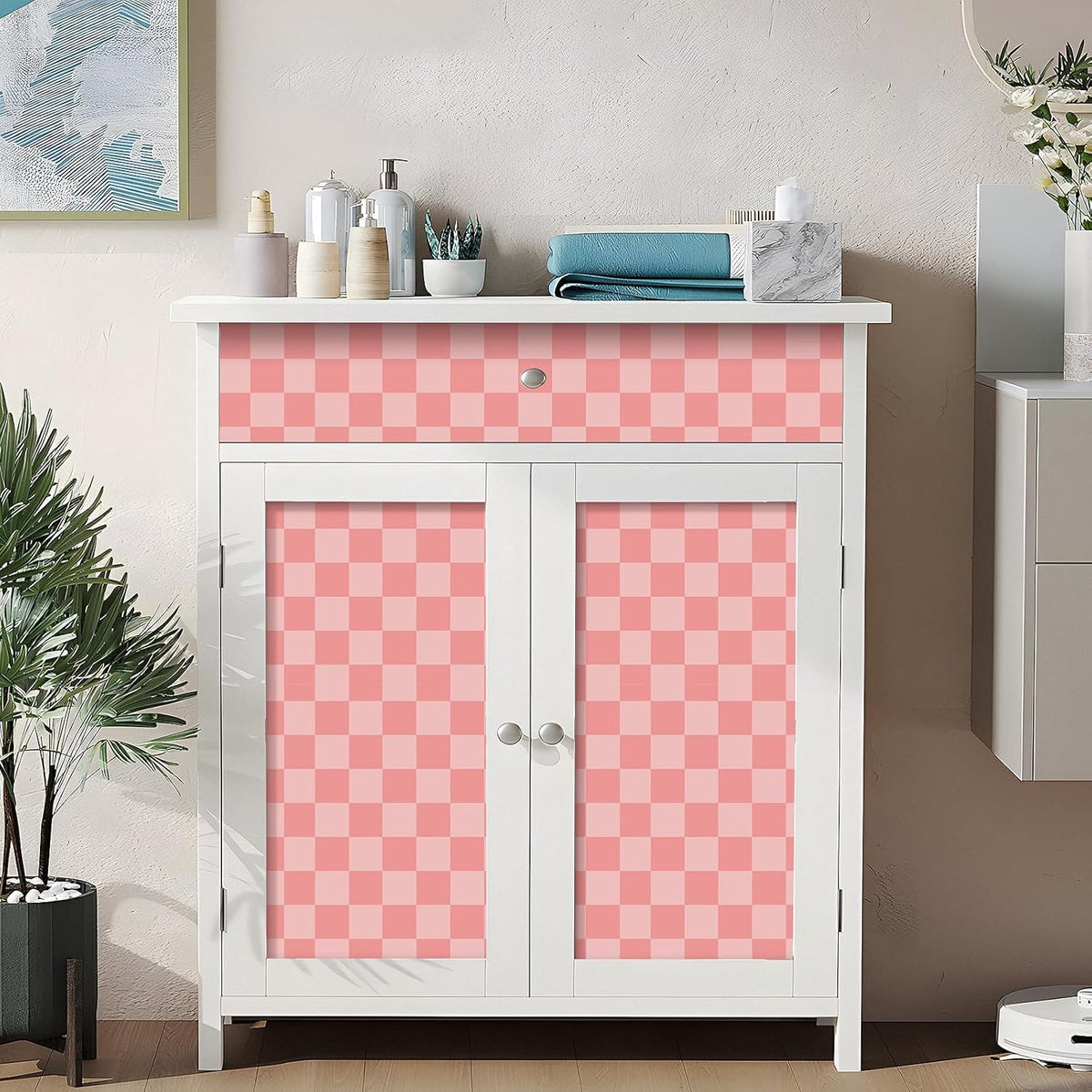 17.5"X118" Pink Checkered Wallpaper Peel and Stick Pink Checkered Pattern Wallpaper Vinyl Wrap for Cabinets Countertop Contact Paper Waterproof Wallpaper for Bathroom Decoration Contact Paper