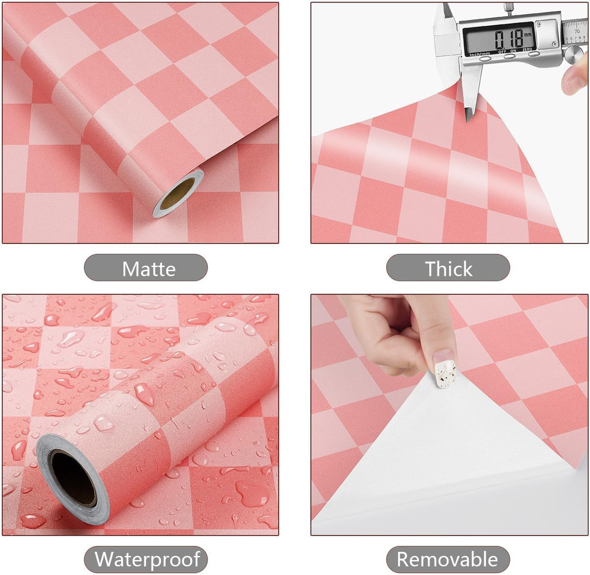 17.5"X118" Pink Checkered Wallpaper Peel and Stick Pink Checkered Pattern Wallpaper Vinyl Wrap for Cabinets Countertop Contact Paper Waterproof Wallpaper for Bathroom Decoration Contact Paper