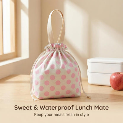Waterproof Polka Dot Drawstring Lunch Bag - Spill-Resistant Pouch for Work Office, 5mm Foam Base, Quick Open/Close for Women Men (pink)