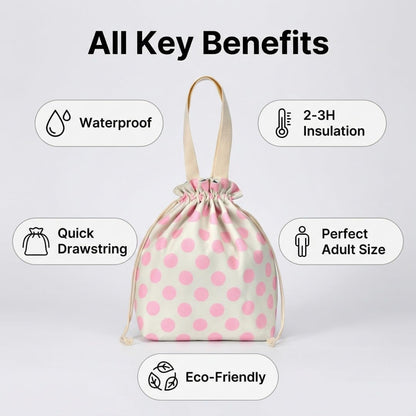 Waterproof Polka Dot Drawstring Lunch Bag - Spill-Resistant Pouch for Work Office, 5mm Foam Base, Quick Open/Close for Women Men (pink)