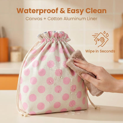 Waterproof Polka Dot Drawstring Lunch Bag - Spill-Resistant Pouch for Work Office, 5mm Foam Base, Quick Open/Close for Women Men (pink)