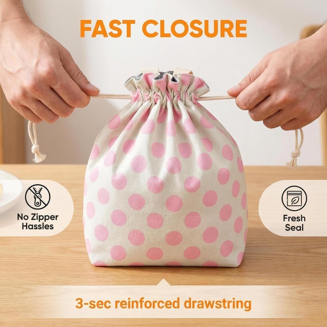 Waterproof Polka Dot Drawstring Lunch Bag - Spill-Resistant Pouch for Work Office, 5mm Foam Base, Quick Open/Close for Women Men (pink)