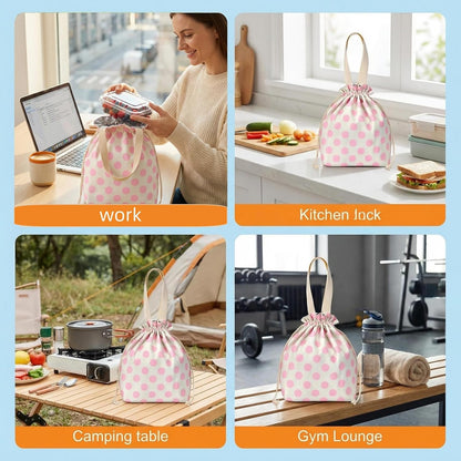Waterproof Polka Dot Drawstring Lunch Bag - Spill-Resistant Pouch for Work Office, 5mm Foam Base, Quick Open/Close for Women Men (pink)