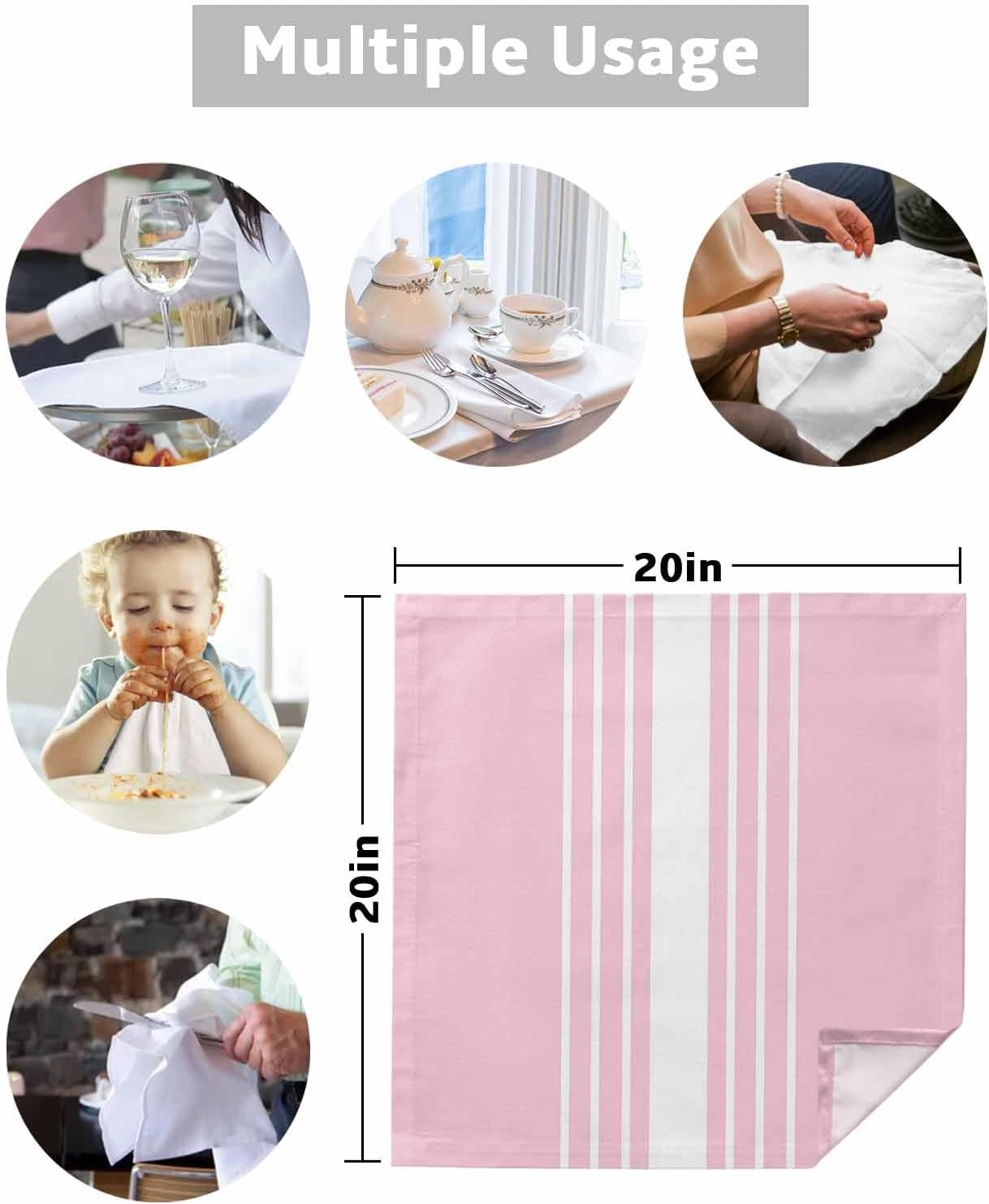 Pink White Stripe Cloth Napkins Set of 6, Holiday Napkins for Baby Shower, Modern Rustic Vertical Striped Washable Reusable Dinner Napkin for Cocktail Wedding Party, 20 x 20 Inch