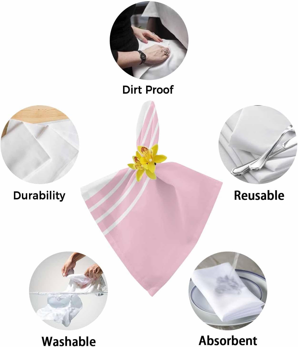 Pink White Stripe Cloth Napkins Set of 6, Holiday Napkins for Baby Shower, Modern Rustic Vertical Striped Washable Reusable Dinner Napkin for Cocktail Wedding Party, 20 x 20 Inch