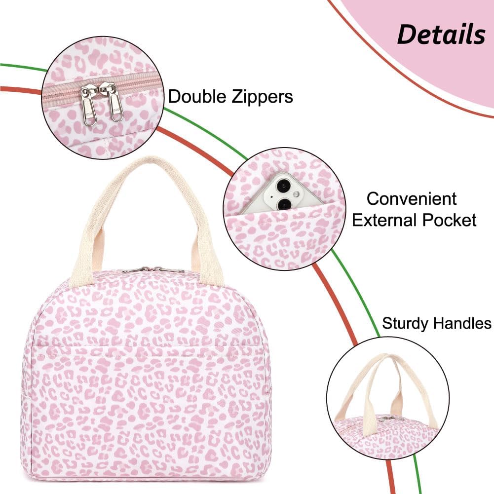 Lunch Bag for Women Girls Insulated Reusable Lunch Tote with Handle, Lightweight Water-Resistant Polyester Lunch Box Cooler-Leopard Pink