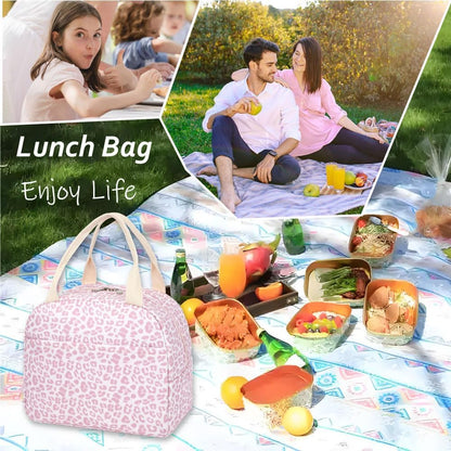 Lunch Bag for Women Girls Insulated Reusable Lunch Tote with Handle, Lightweight Water-Resistant Polyester Lunch Box Cooler-Leopard Pink