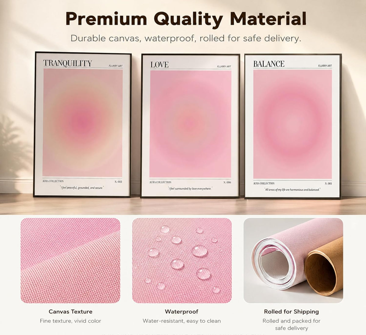 3Pcs Pink Aura Gradient Unframed Canvas Wall Art, Positive Aesthetic Decor