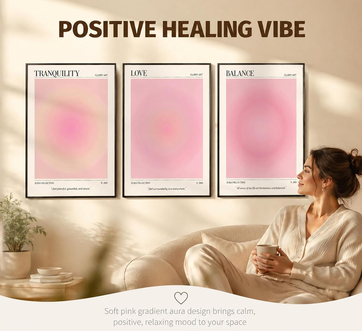 3Pcs Pink Aura Gradient Unframed Canvas Wall Art, Positive Aesthetic Decor