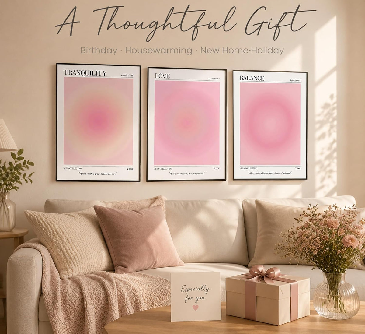 3Pcs Pink Aura Gradient Unframed Canvas Wall Art, Positive Aesthetic Decor
