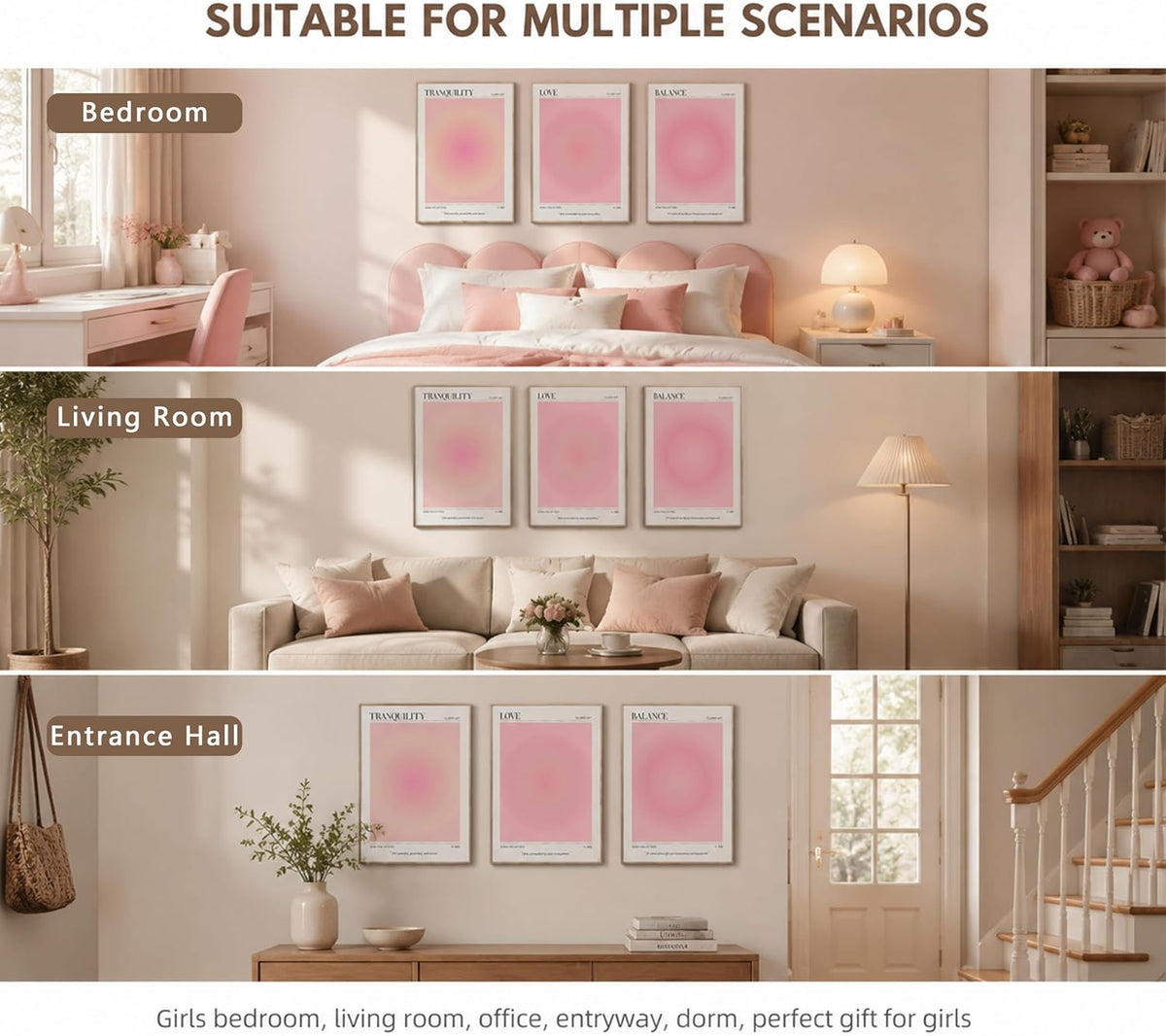 3Pcs Pink Aura Gradient Unframed Canvas Wall Art, Positive Aesthetic Decor