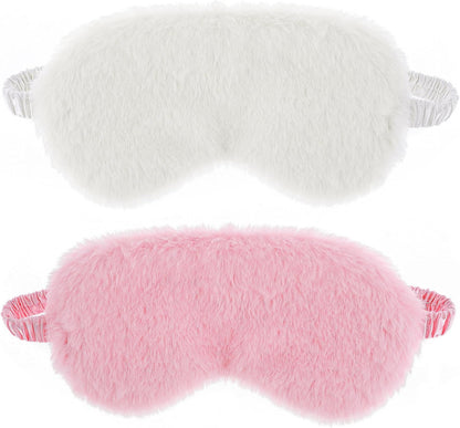 2 Pcs Plush Fluffy Eye Mask Soft Sleeping Blindfold Eye Cover Comfortable Furry Faux Fur Sleeping Mask Satin Nap Night Eyeshade Cover for Women Men Gift (White, Pink)