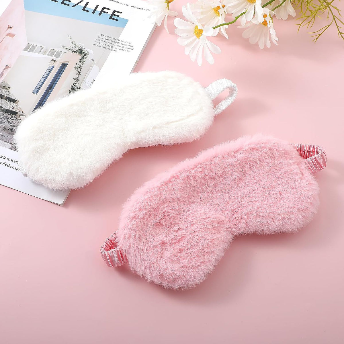2 Pcs Plush Fluffy Eye Mask Soft Sleeping Blindfold Eye Cover Comfortable Furry Faux Fur Sleeping Mask Satin Nap Night Eyeshade Cover for Women Men Gift (White, Pink)