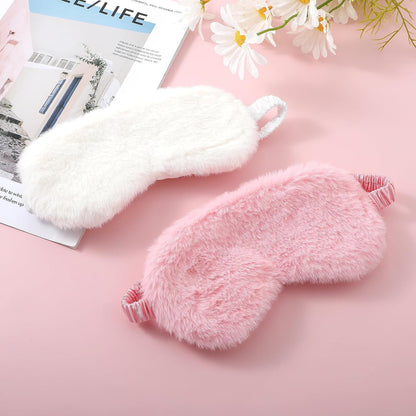 2 Pcs Plush Fluffy Eye Mask Soft Sleeping Blindfold Eye Cover Comfortable Furry Faux Fur Sleeping Mask Satin Nap Night Eyeshade Cover for Women Men Gift (White, Pink)
