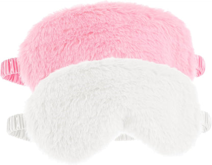 2 Pcs Plush Fluffy Eye Mask Soft Sleeping Blindfold Eye Cover Comfortable Furry Faux Fur Sleeping Mask Satin Nap Night Eyeshade Cover for Women Men Gift (White, Pink)