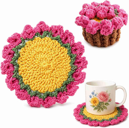 Crochet Flower Coaster, Cute Coasters for Desk, Pink Coasters for Office Desk, Spring Cup Coasters for Coffee Table, Crochet Flower Plants, Girly Desk Accessories Home Decor for Women