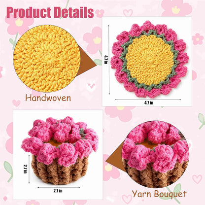 Crochet Flower Coaster, Cute Coasters for Desk, Pink Coasters for Office Desk, Spring Cup Coasters for Coffee Table, Crochet Flower Plants, Girly Desk Accessories Home Decor for Women
