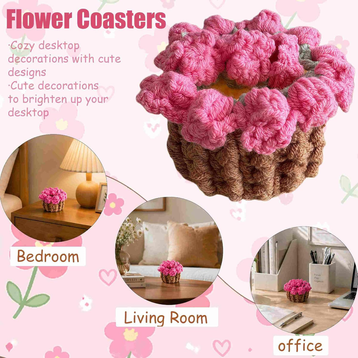 Crochet Flower Coaster, Cute Coasters for Desk, Pink Coasters for Office Desk, Spring Cup Coasters for Coffee Table, Crochet Flower Plants, Girly Desk Accessories Home Decor for Women