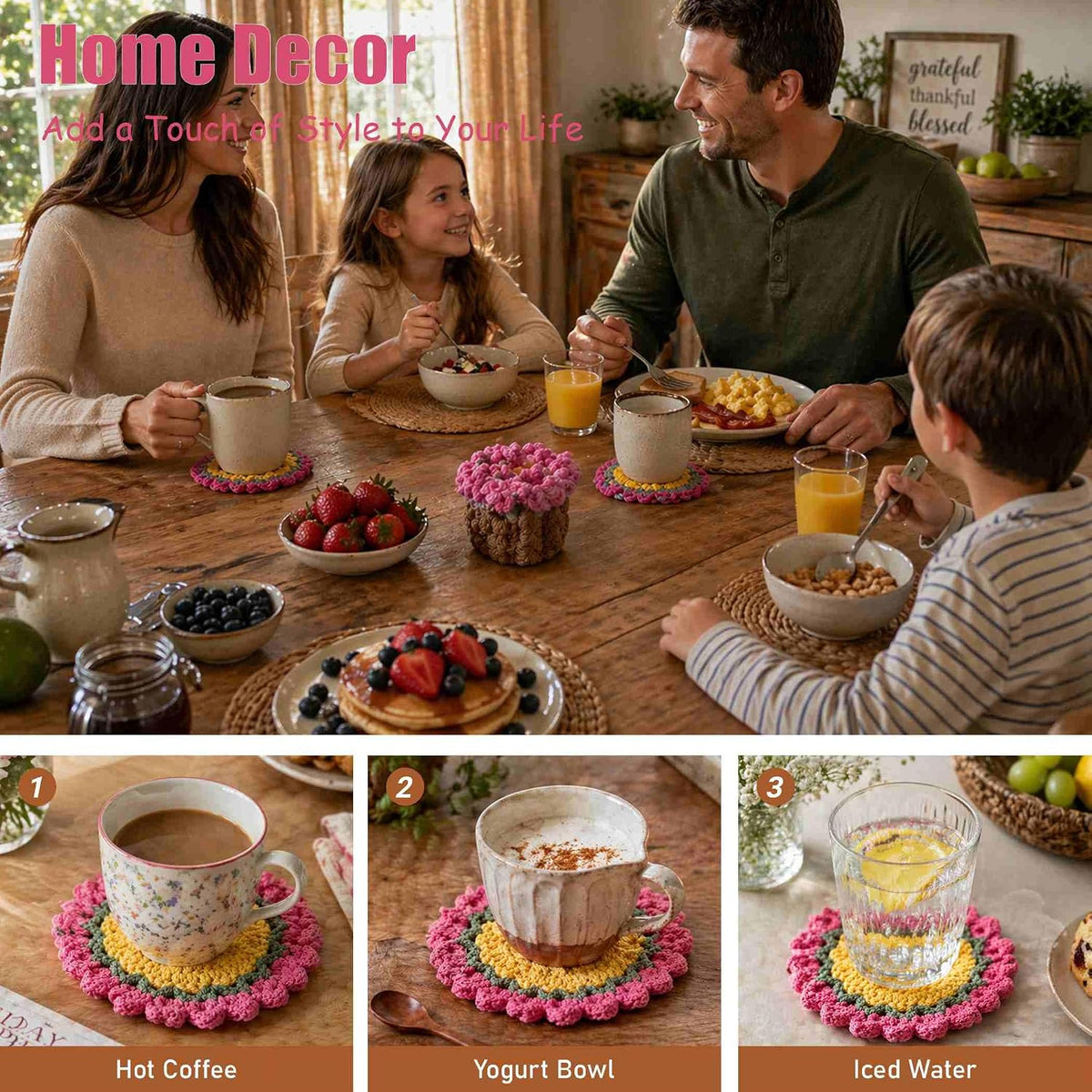 Crochet Flower Coaster, Cute Coasters for Desk, Pink Coasters for Office Desk, Spring Cup Coasters for Coffee Table, Crochet Flower Plants, Girly Desk Accessories Home Decor for Women