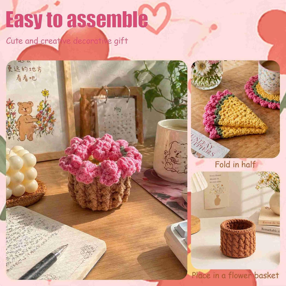 Crochet Flower Coaster, Cute Coasters for Desk, Pink Coasters for Office Desk, Spring Cup Coasters for Coffee Table, Crochet Flower Plants, Girly Desk Accessories Home Decor for Women