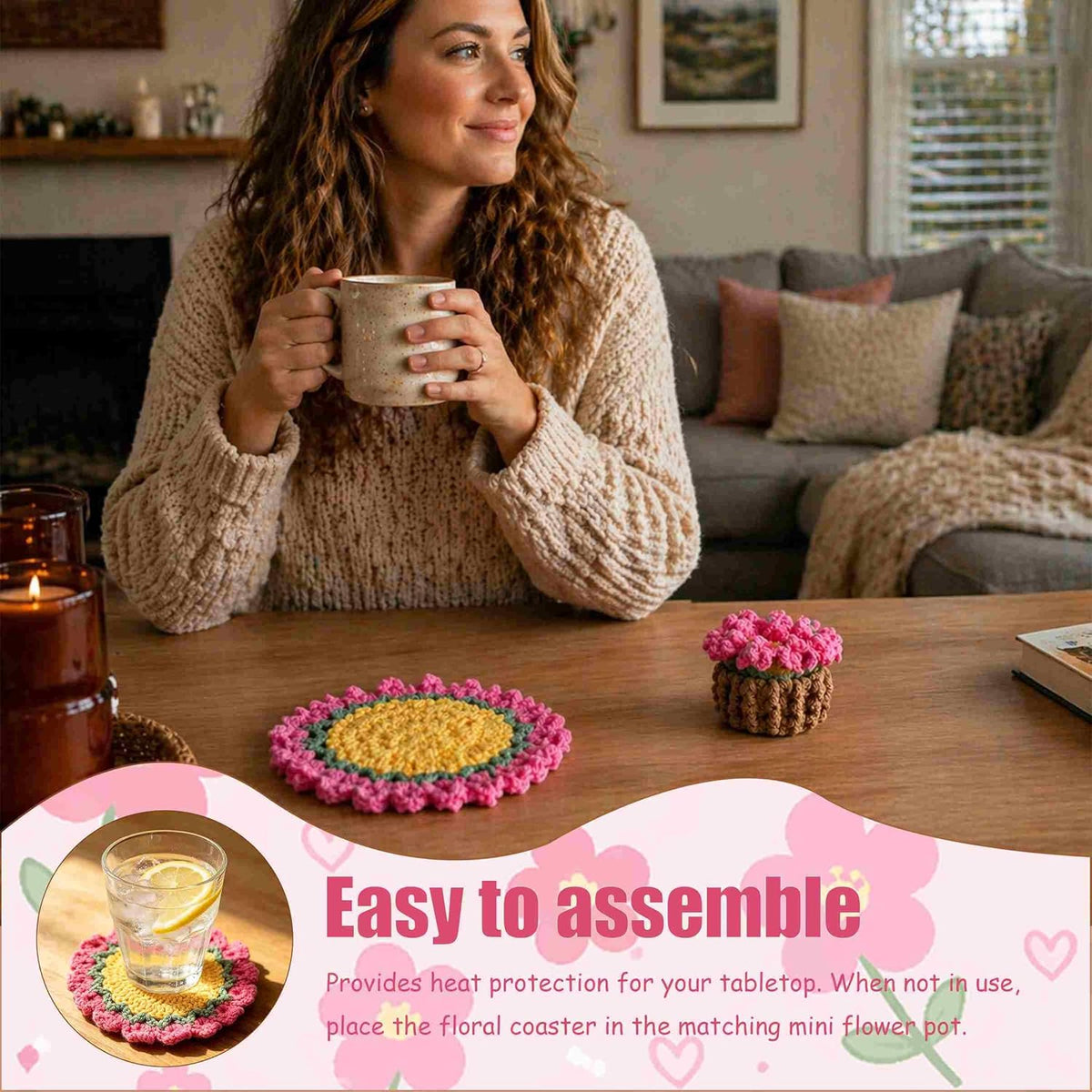 Crochet Flower Coaster, Cute Coasters for Desk, Pink Coasters for Office Desk, Spring Cup Coasters for Coffee Table, Crochet Flower Plants, Girly Desk Accessories Home Decor for Women