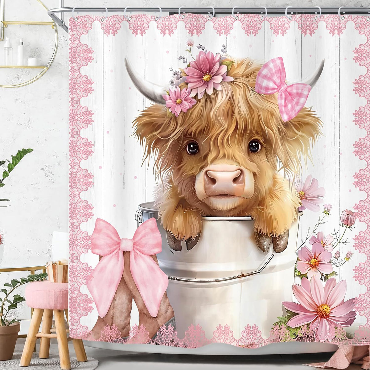 Pink Bow Highland Cow Western Funny Cute Rustic Bathroom Shower Curtain Set