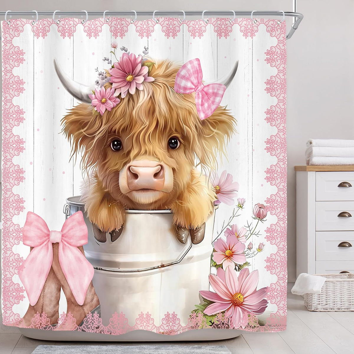 Pink Bow Highland Cow Western Funny Cute Rustic Bathroom Shower Curtain Set