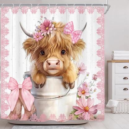 Pink Bow Highland Cow Western Funny Cute Rustic Bathroom Shower Curtain Set