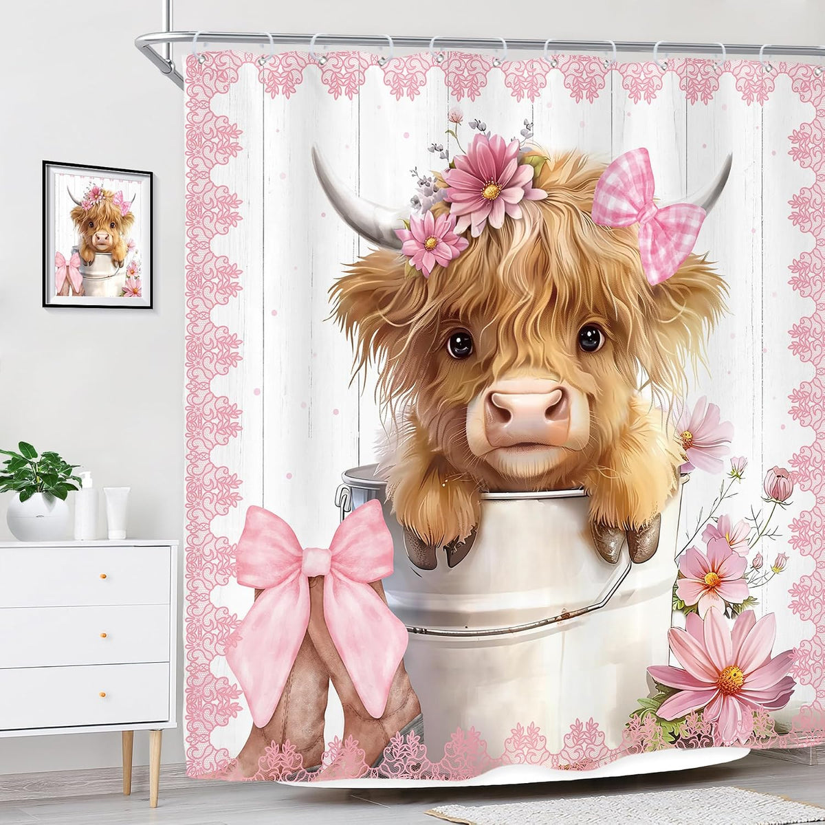 Pink Bow Highland Cow Western Funny Cute Rustic Bathroom Shower Curtain Set