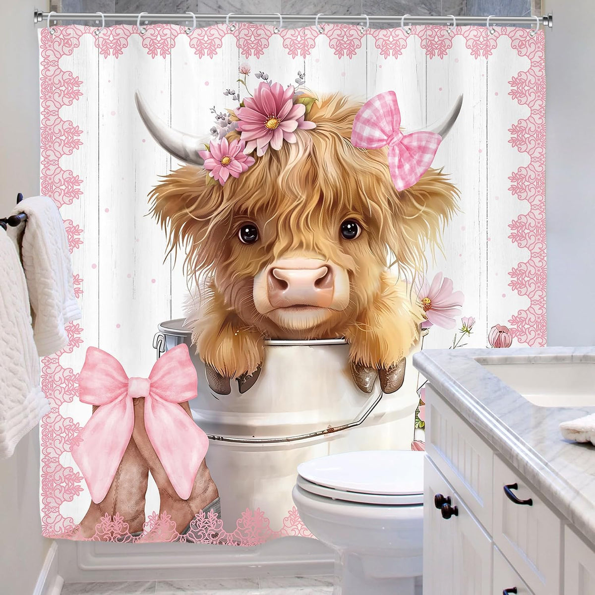 Pink Bow Highland Cow Western Funny Cute Rustic Bathroom Shower Curtain Set