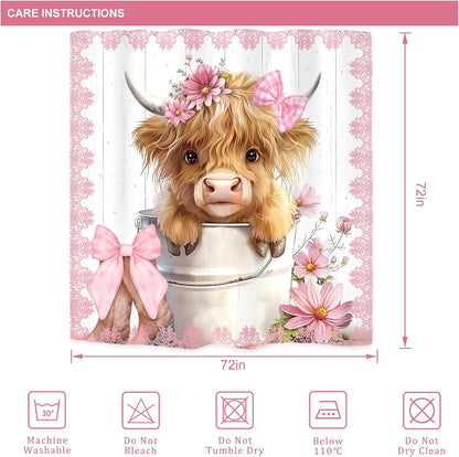 Pink Bow Highland Cow Western Funny Cute Rustic Bathroom Shower Curtain Set